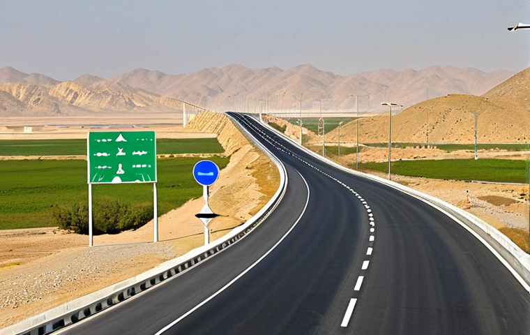**Image Prompt for High-Speed Highway Development:**
"A modern high-speed highway in Turkmenistan, showcasing a well-maintained road with clear signage and lighting. Depict vehicles traveling smoothly between Ashgabat and Turkmenbashi, highlighting the scenic landscape along the route."