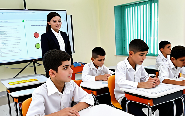 **A modern classroom in Turkmenistan**: Show young Turkmen students enthusiastically using interactive whiteboards and online learning platforms. Emphasize their engagement with coding and website development, reflecting the country's push for digital skills. The setting should be bright and optimistic, showcasing the future of education in Turkmenistan.