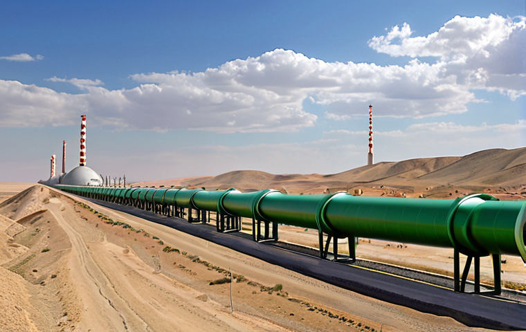 **"A visually striking depiction of the Turkmenistan-Russia energy nexus. Dominant elements include large-scale gas pipelines traversing a modern, vibrant landscape, subtly hinting at both Turkmen architecture and Russian industrial prowess. The scene emphasizes seamless cooperation, with powerful energy flows symbolizing the strategic partnership and long-term investments, set against a backdrop of a clear, promising sky. High detail, photorealistic."**
