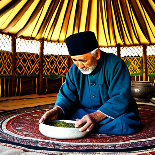 Turkmen Healer**

"A wise, elderly Turkmen healer, fully clothed in traditional robes, examining medicinal herbs in a sunlit yurt. The scene includes various dried herbs and natural remedies. Perfect anatomy, correct proportions, natural pose. Safe for work, appropriate content, fully clothed, professional, modest, family-friendly, high quality."

**