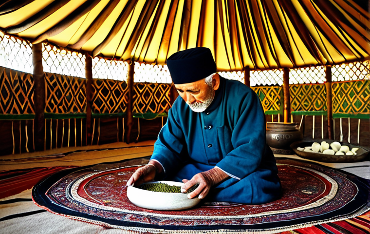 Turkmen Healer**

"A wise, elderly Turkmen healer, fully clothed in traditional robes, examining medicinal herbs in a sunlit yurt. The scene includes various dried herbs and natural remedies. Perfect anatomy, correct proportions, natural pose. Safe for work, appropriate content, fully clothed, professional, modest, family-friendly, high quality."

**