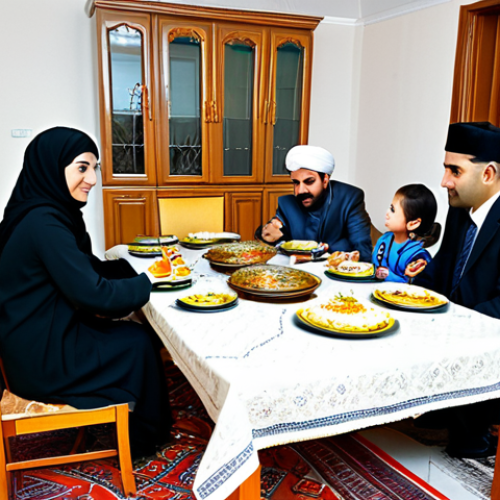 **

A Turkmen family, fully clothed in traditional Turkmen dress, gathered around a table in a modern apartment in Ashgabat, enjoying a meal of plov and tea. The apartment is well-lit and decorated with traditional Turkmen carpets. Safe for work, appropriate content, modest attire, family-friendly, perfect anatomy, correct proportions, natural pose, professional photography, high quality.

**