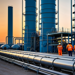 **

"A modern gas processing plant in Turkmenistan at sunset, pipelines and storage tanks visible, fully clothed engineers in hard hats inspecting equipment, appropriate attire, safe for work, professional photograph, perfect anatomy, natural proportions, high quality, dramatic lighting."

**