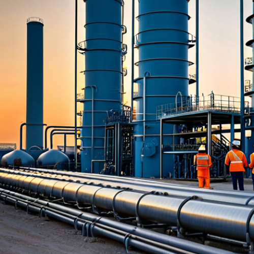 **

"A modern gas processing plant in Turkmenistan at sunset, pipelines and storage tanks visible, fully clothed engineers in hard hats inspecting equipment, appropriate attire, safe for work, professional photograph, perfect anatomy, natural proportions, high quality, dramatic lighting."

**