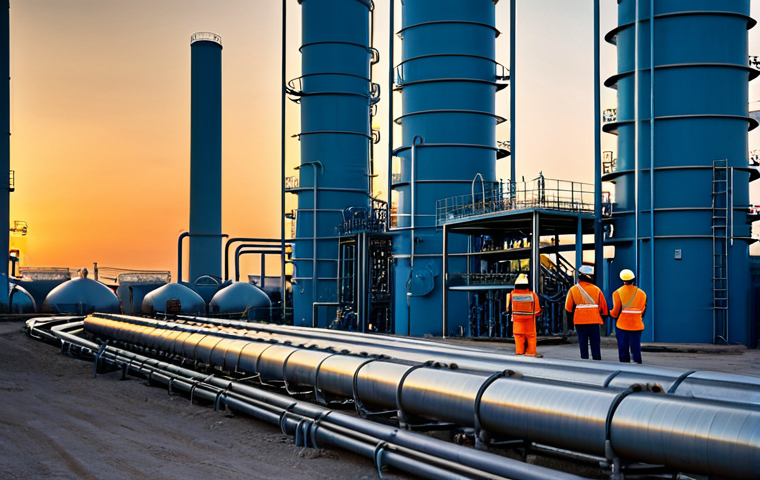 **

"A modern gas processing plant in Turkmenistan at sunset, pipelines and storage tanks visible, fully clothed engineers in hard hats inspecting equipment, appropriate attire, safe for work, professional photograph, perfect anatomy, natural proportions, high quality, dramatic lighting."

**